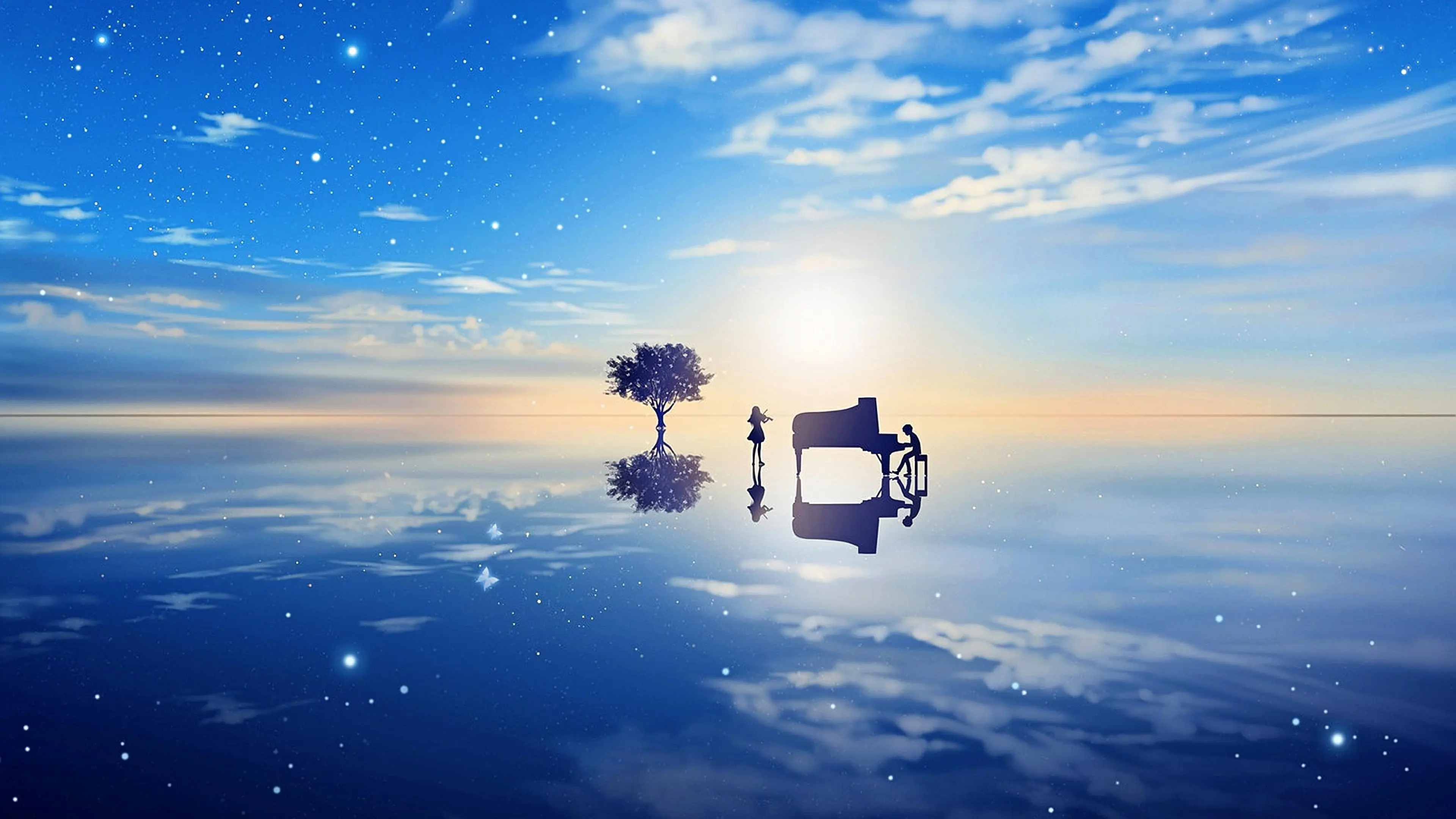 星空倒影钢琴剪影壁纸 3840×2160 预览图