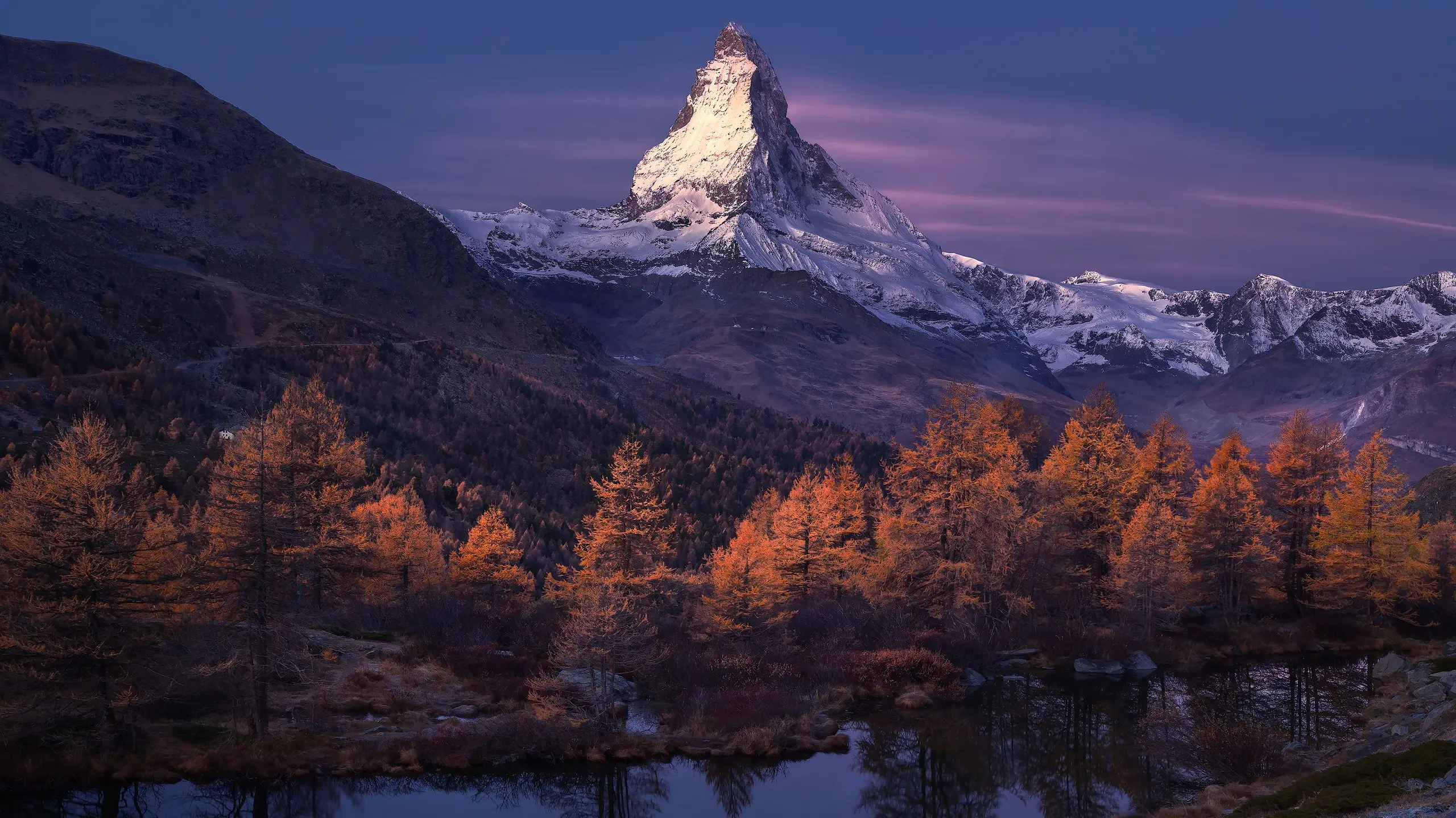 暮色雪山秋色森林湖泊壁纸 2560×1440 预览图