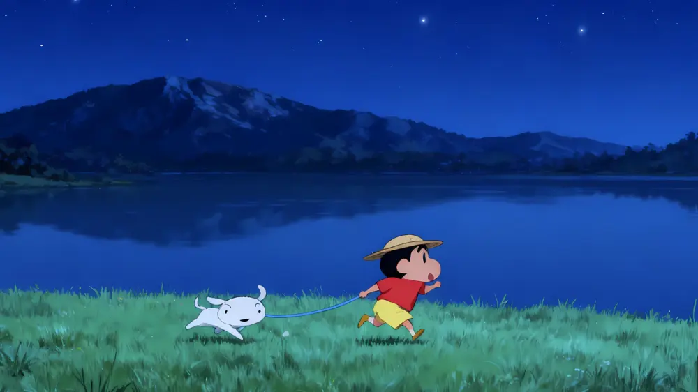 蜡笔小新与小狗的星空湖畔之夜 2340×1316