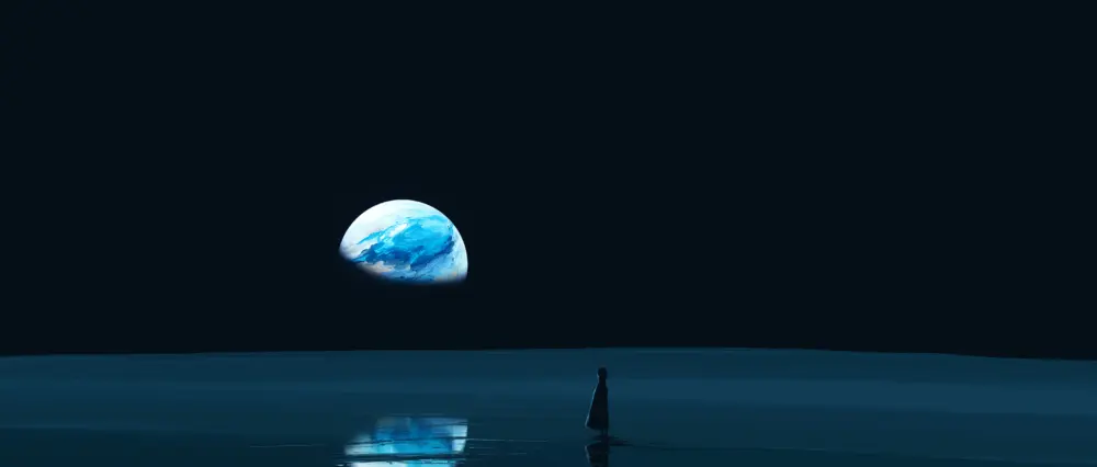 深邃星空蓝色星球孤独身影意境壁纸 5640×2400