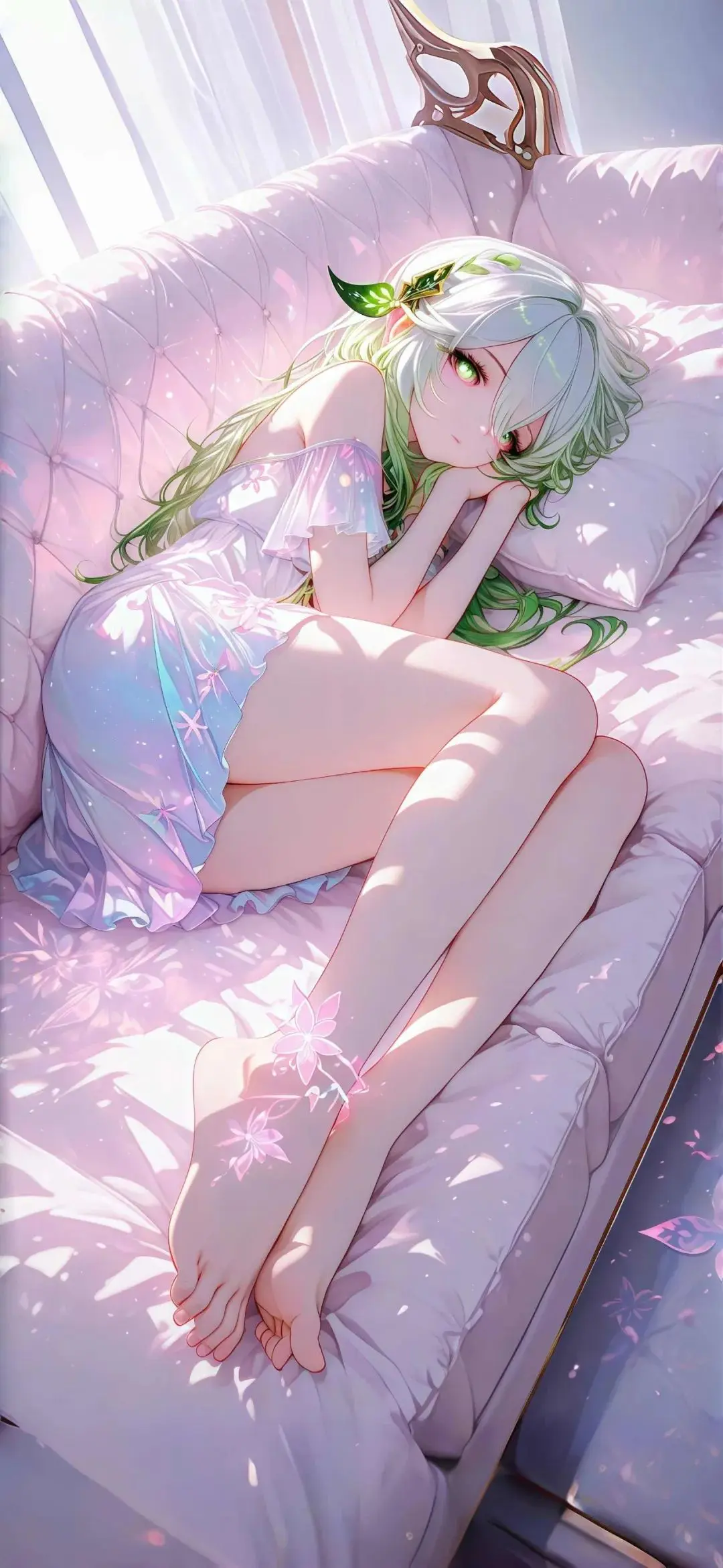 宁静沙发上的绿色头发女孩壁纸 1080×2341 预览图