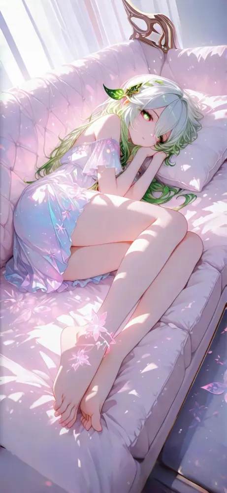 宁静沙发上的绿色头发女孩壁纸 1080×2341