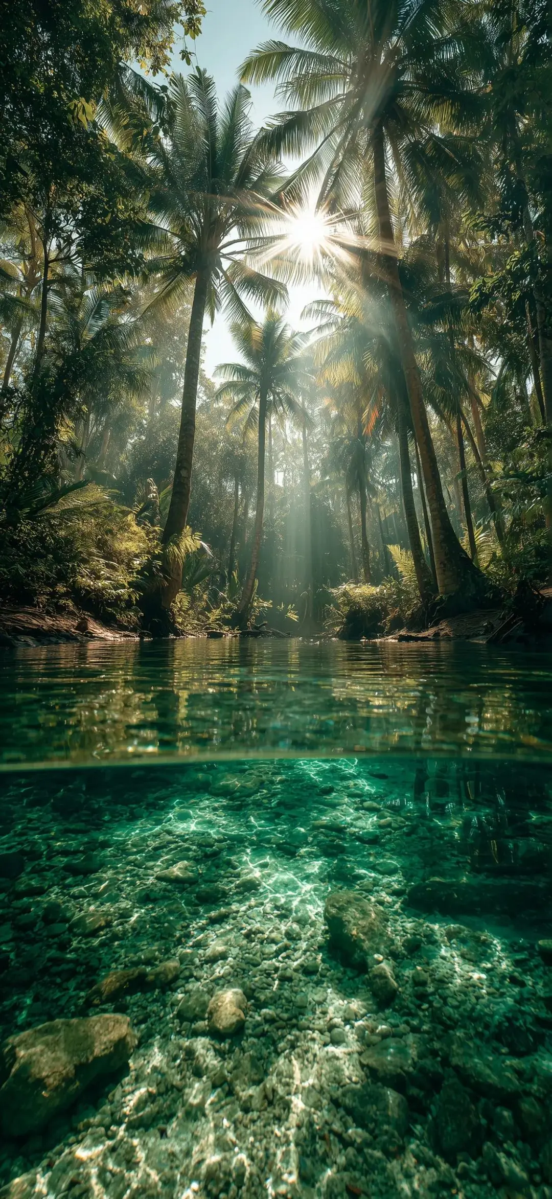 热带雨林阳光水面壁纸 1080×2346 预览图