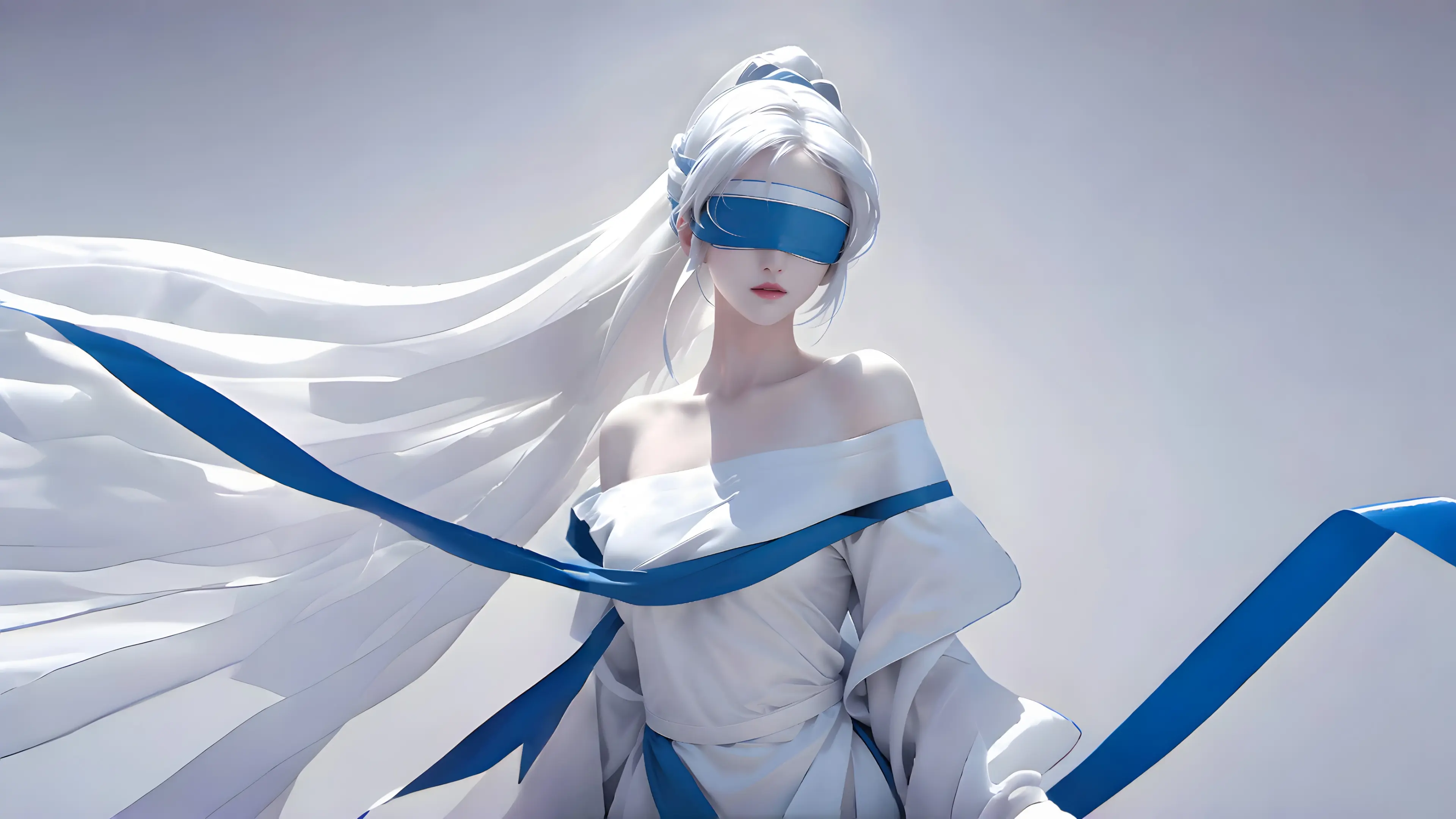 白发蓝带蒙眼女子壁纸 3840×2160 预览图