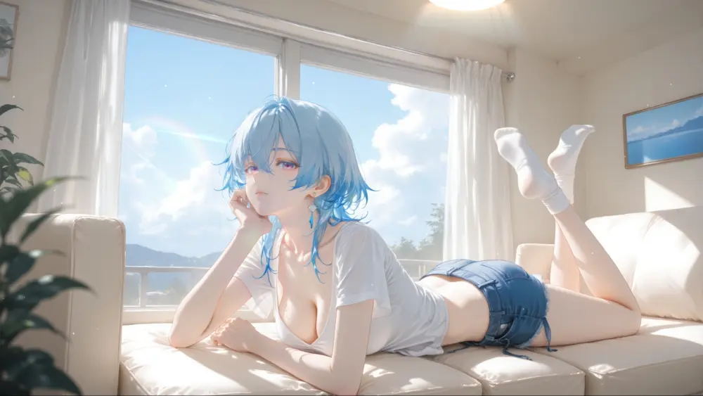 蓝发少女夏日窗边阳光壁纸 2560×1440