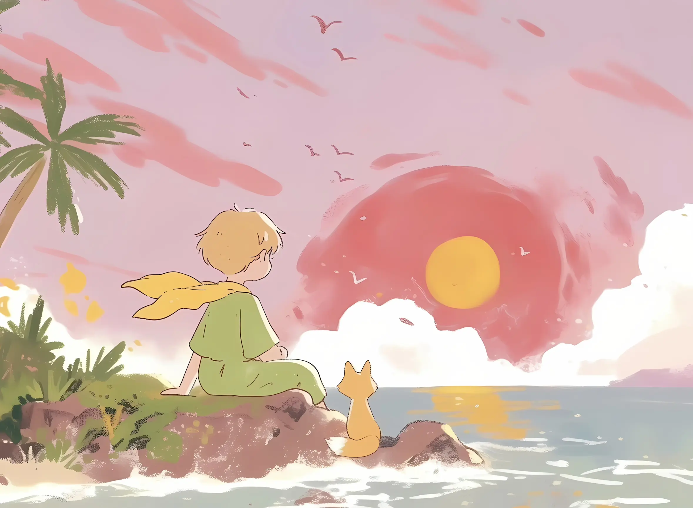 小王子狐狸海边落日唯美壁纸 2358×1730 预览图