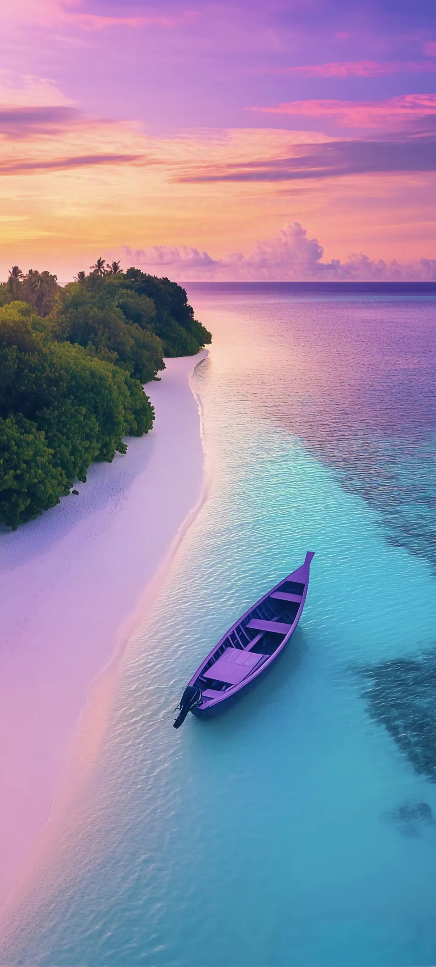 宁静海岛唯美船只夕阳壁纸 1440×3194 预览图