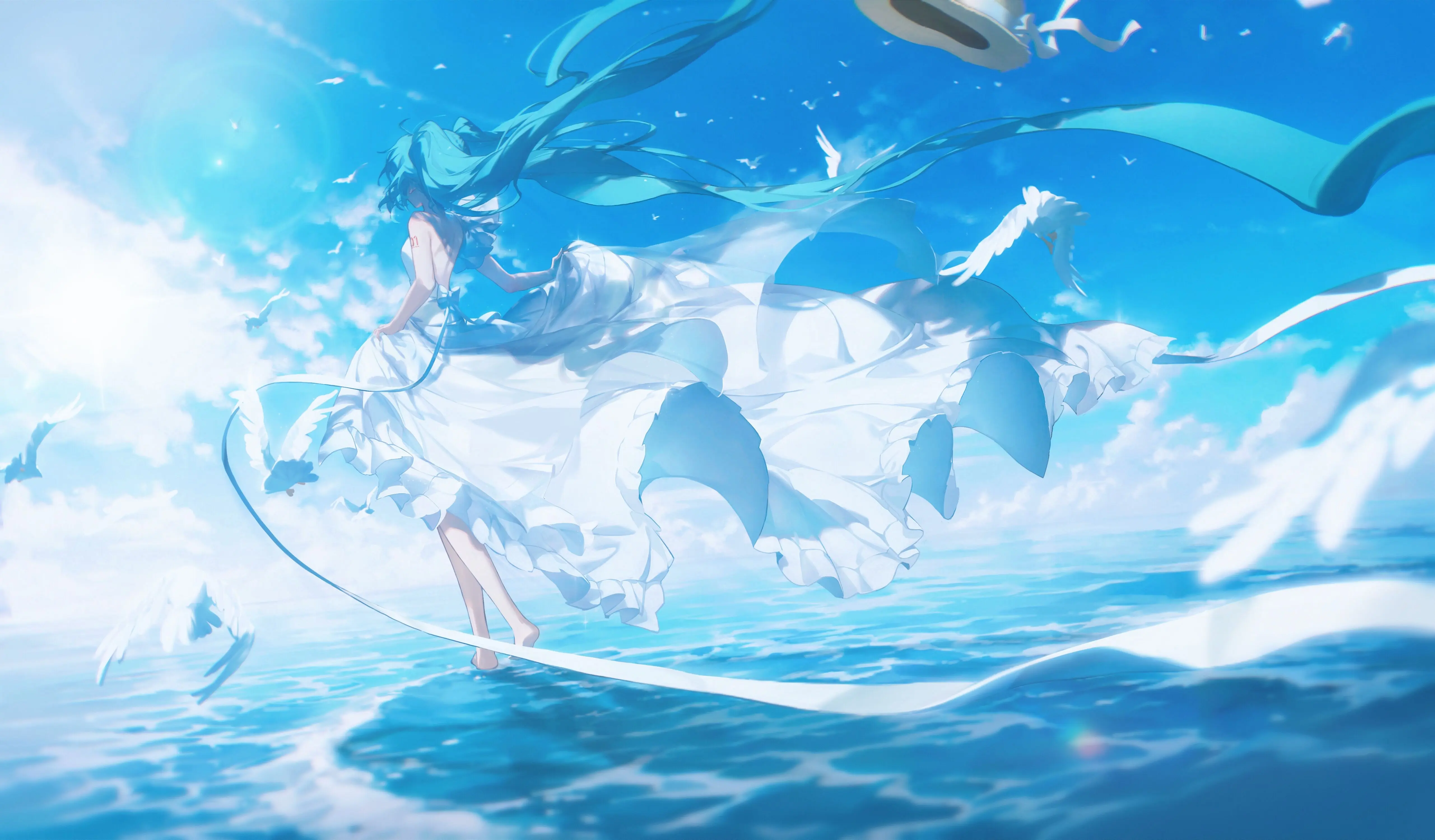 蓝色水面白色衣裙少女飞鸟壁纸 5123×3000 预览图