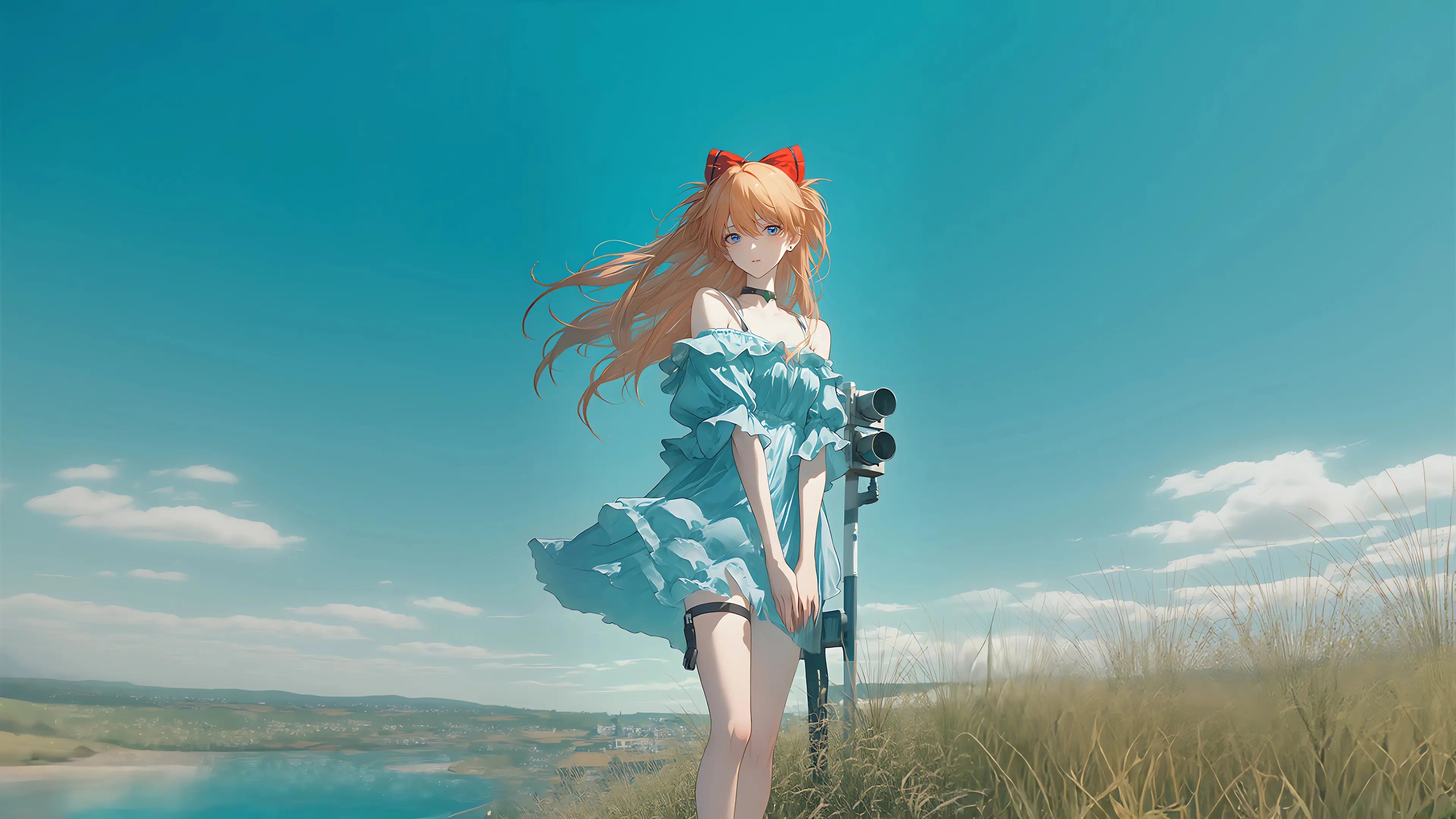 动漫少女蓝天草地望远镜唯美壁纸 3840×2160 预览图