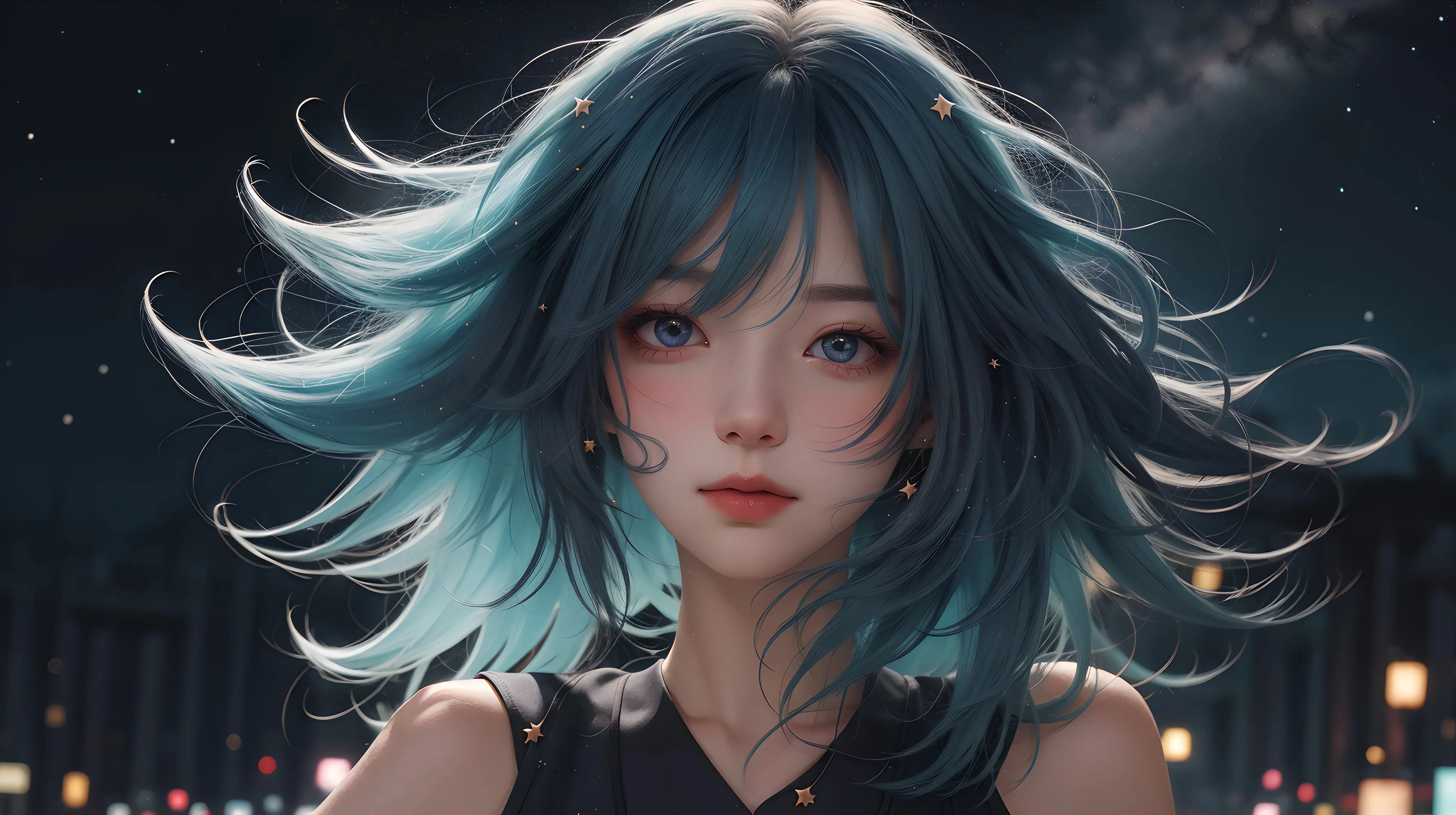 二次元 夜晚星空下的蓝发美少女 4k电脑壁纸 预览图