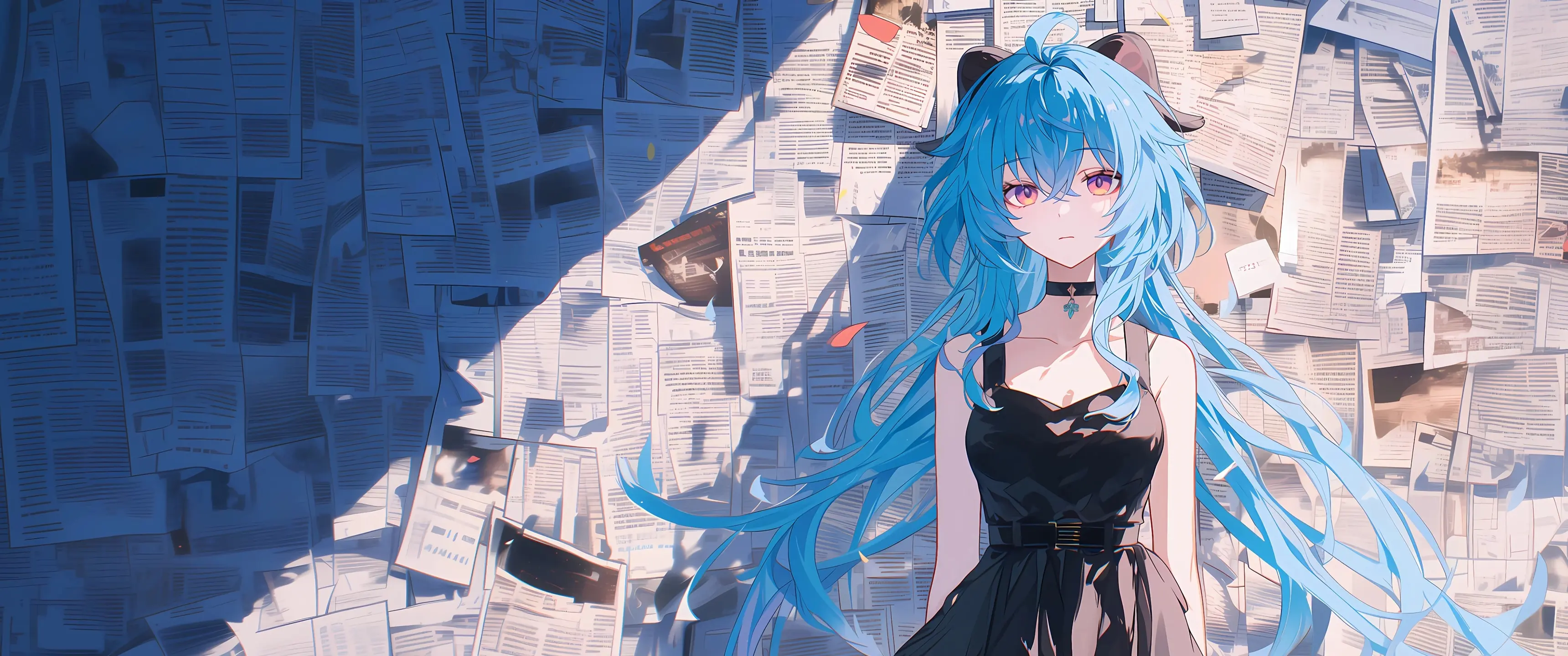 原神甘雨蓝发黑裙纸张背景唯美壁纸 3440×1440 预览图