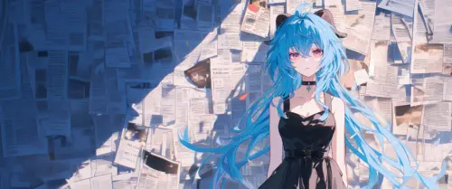 原神甘雨蓝发黑裙纸张背景唯美壁纸 3440×1440 缩略图