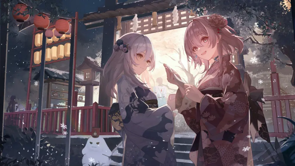 冬日神社少女和雪可爱壁纸 4800×2700