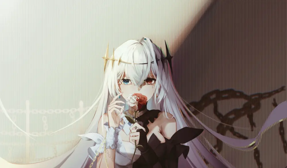 白发少女红白双瞳与玫瑰壁纸 4016×2362