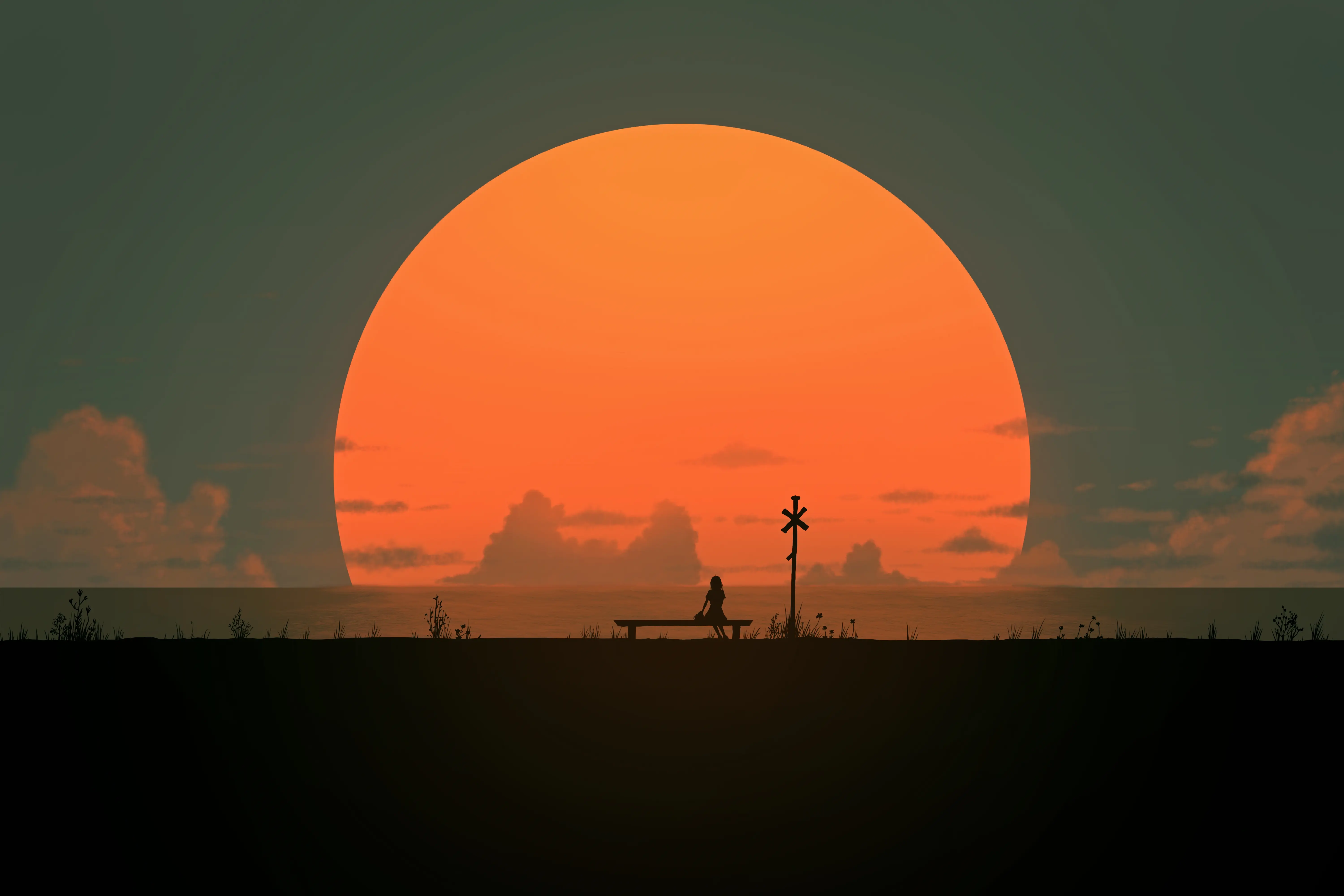 孤影落日海边长椅剪影壁纸 6000×4000 预览图