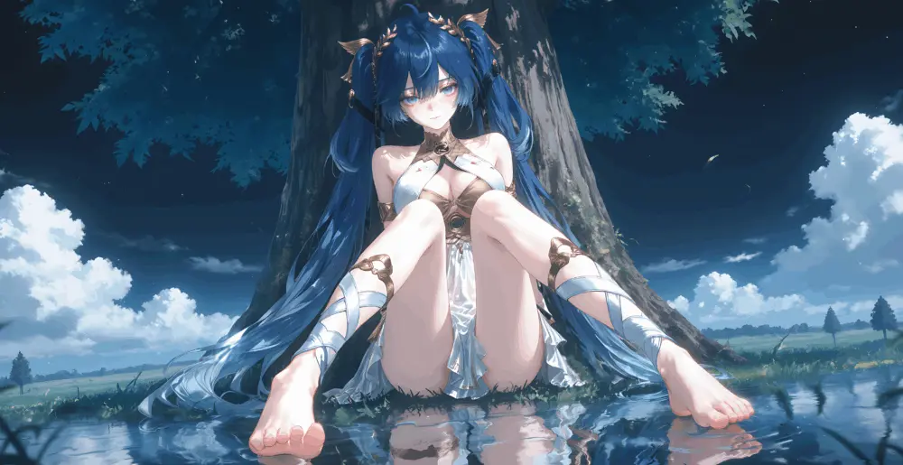 星空背景 蓝发二次元少女 尤诺 壁纸 5742×2955