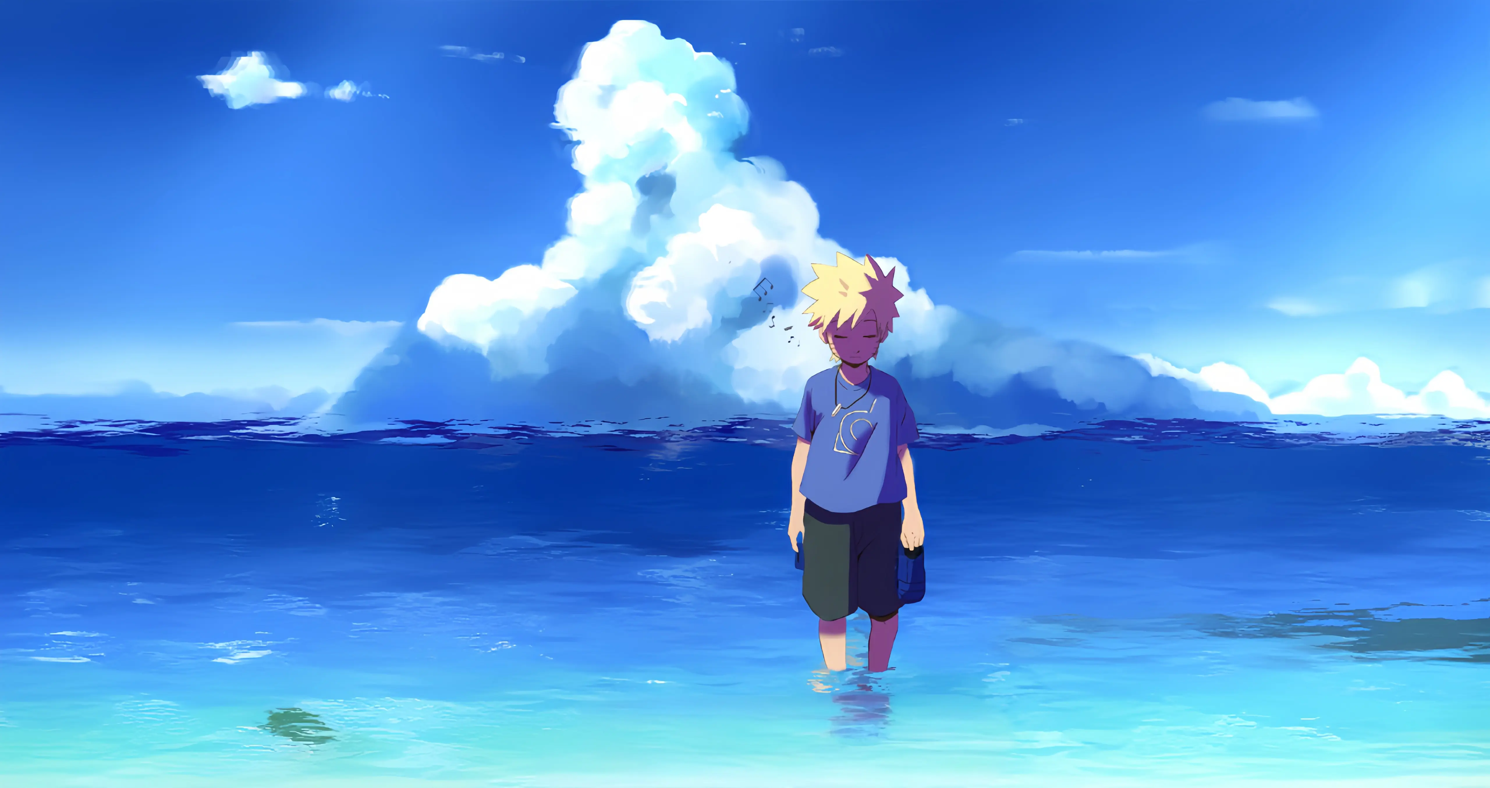 海边少年仰望天空壁纸 5120×2708 预览图