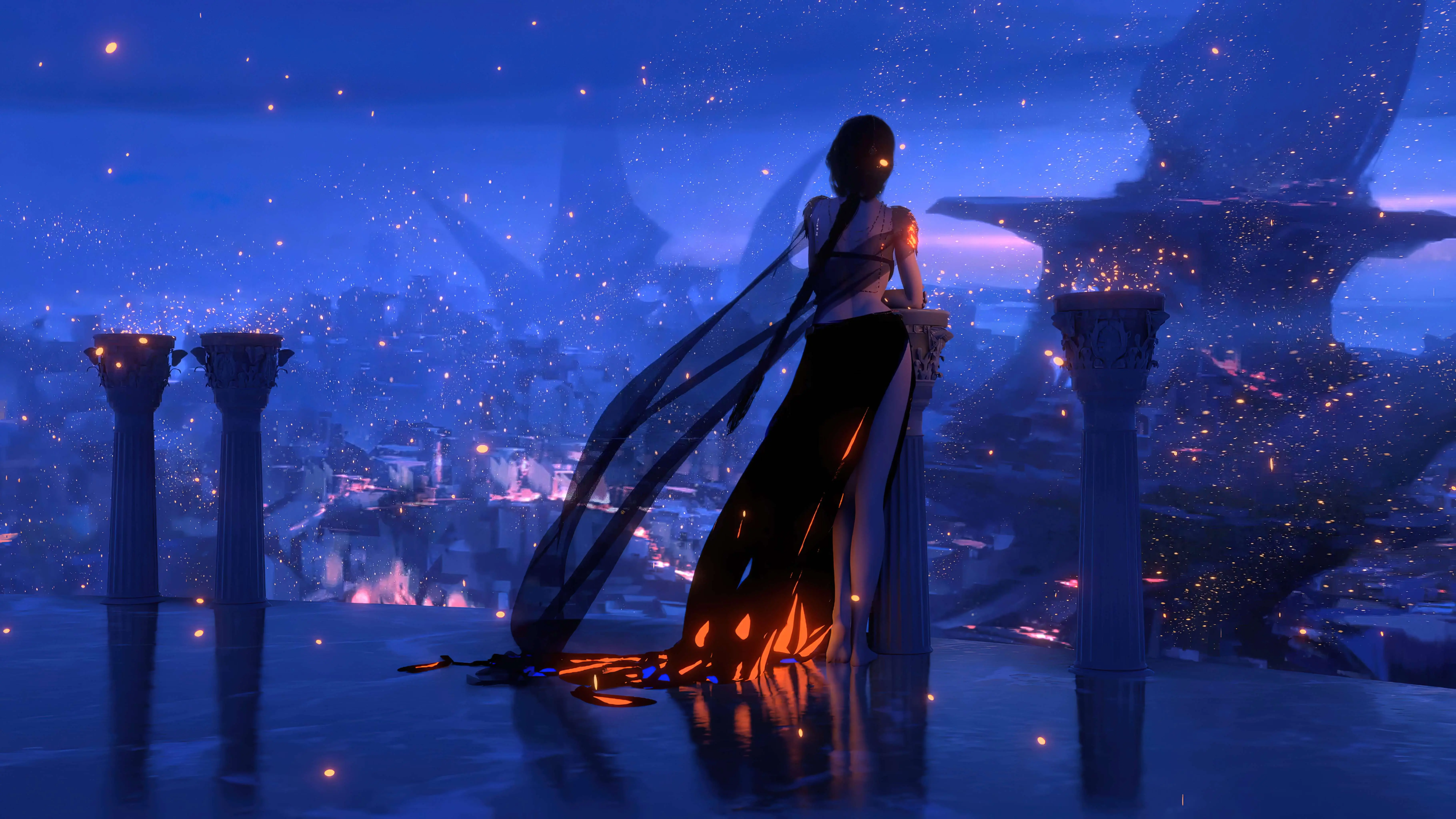 蓝色星空下的古风女子背影 7281×4096 预览图