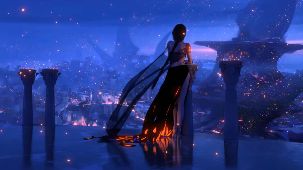 蓝色星空下的古风女子背影 7281×4096