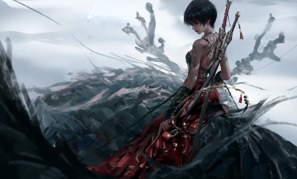 水墨风红衣女剑客壁纸 4400×2663