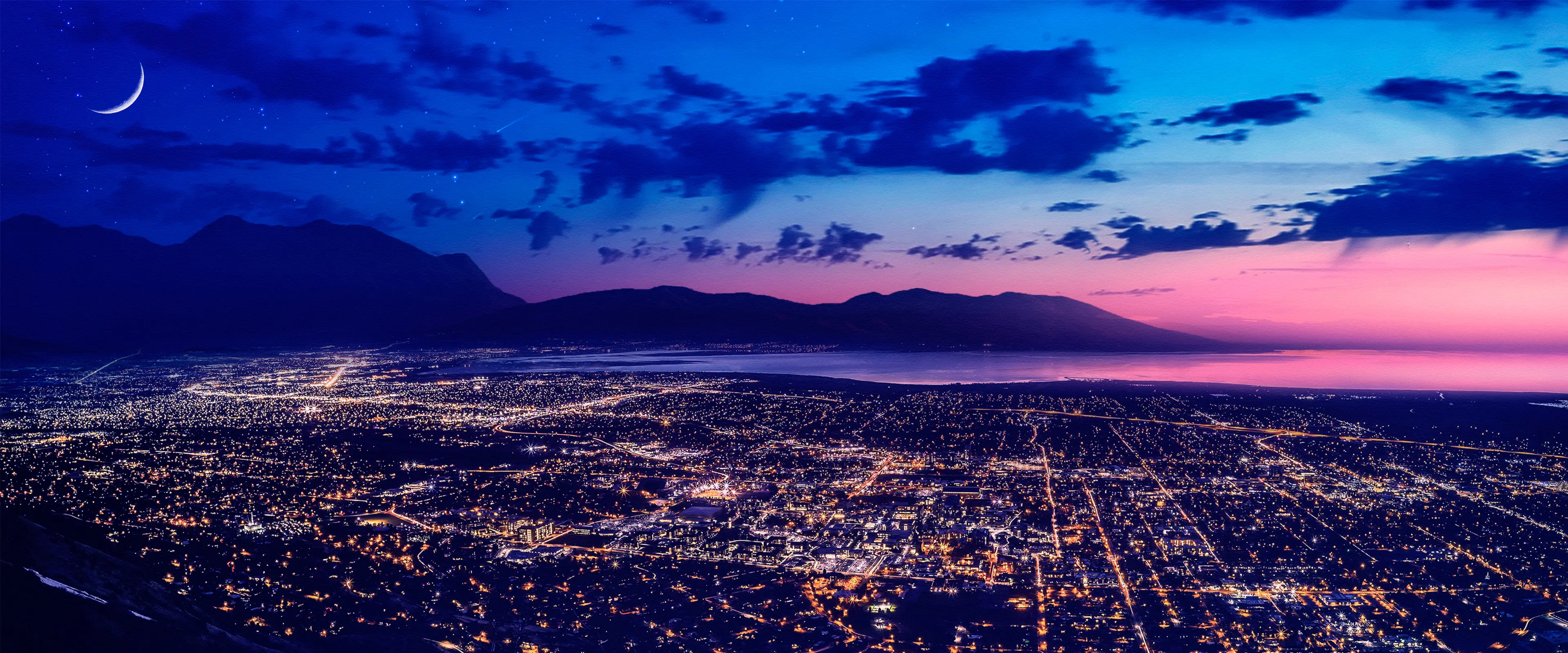 夜幕下的城市星月山峦美景壁纸 3840×1600 预览图