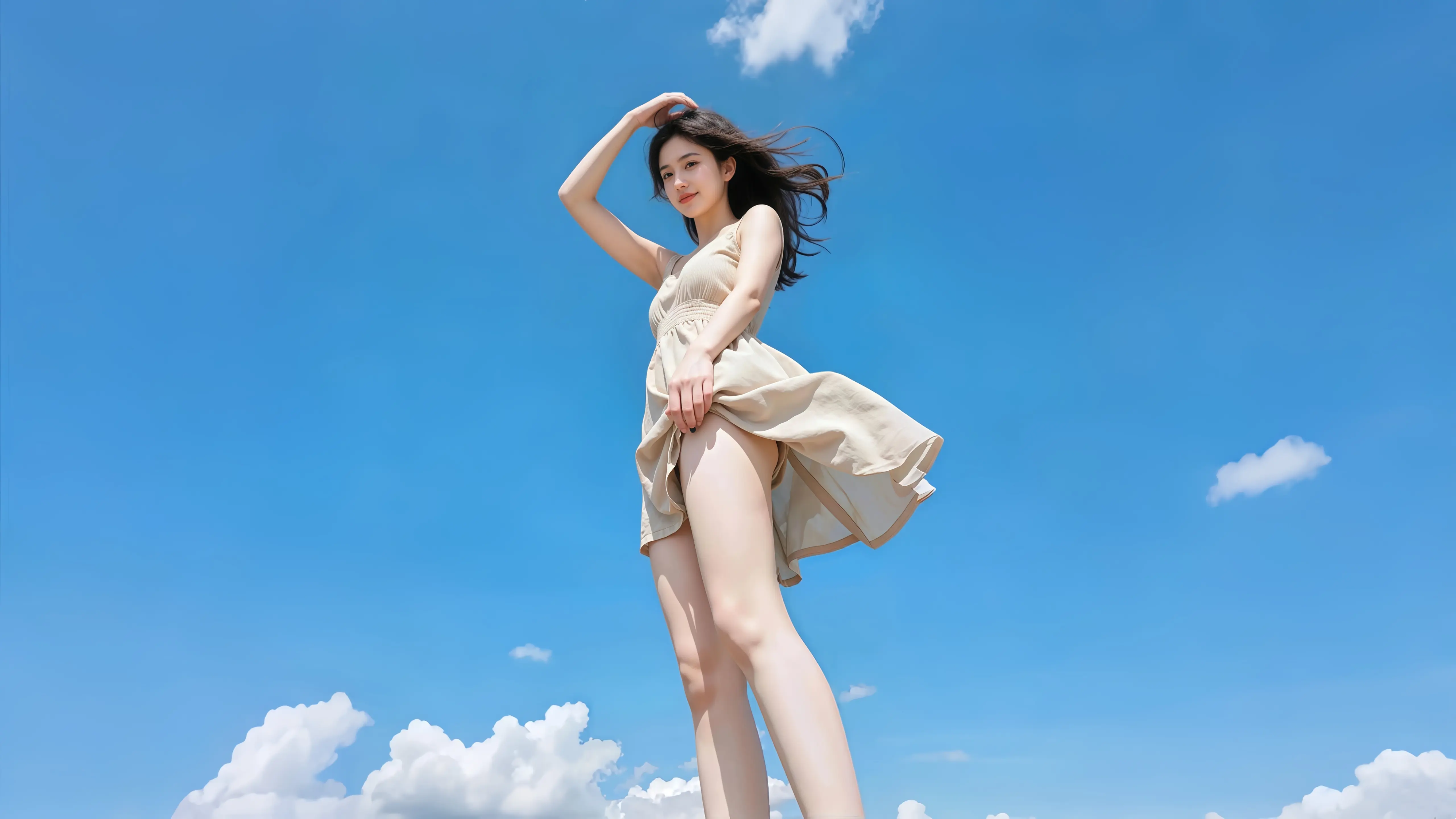蓝天下飘逸的米色连衣裙少女 5120×2880 预览图