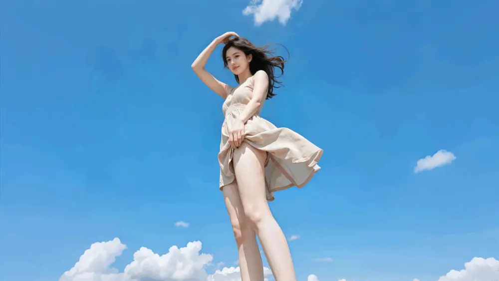 蓝天下飘逸的米色连衣裙少女 5120×2880